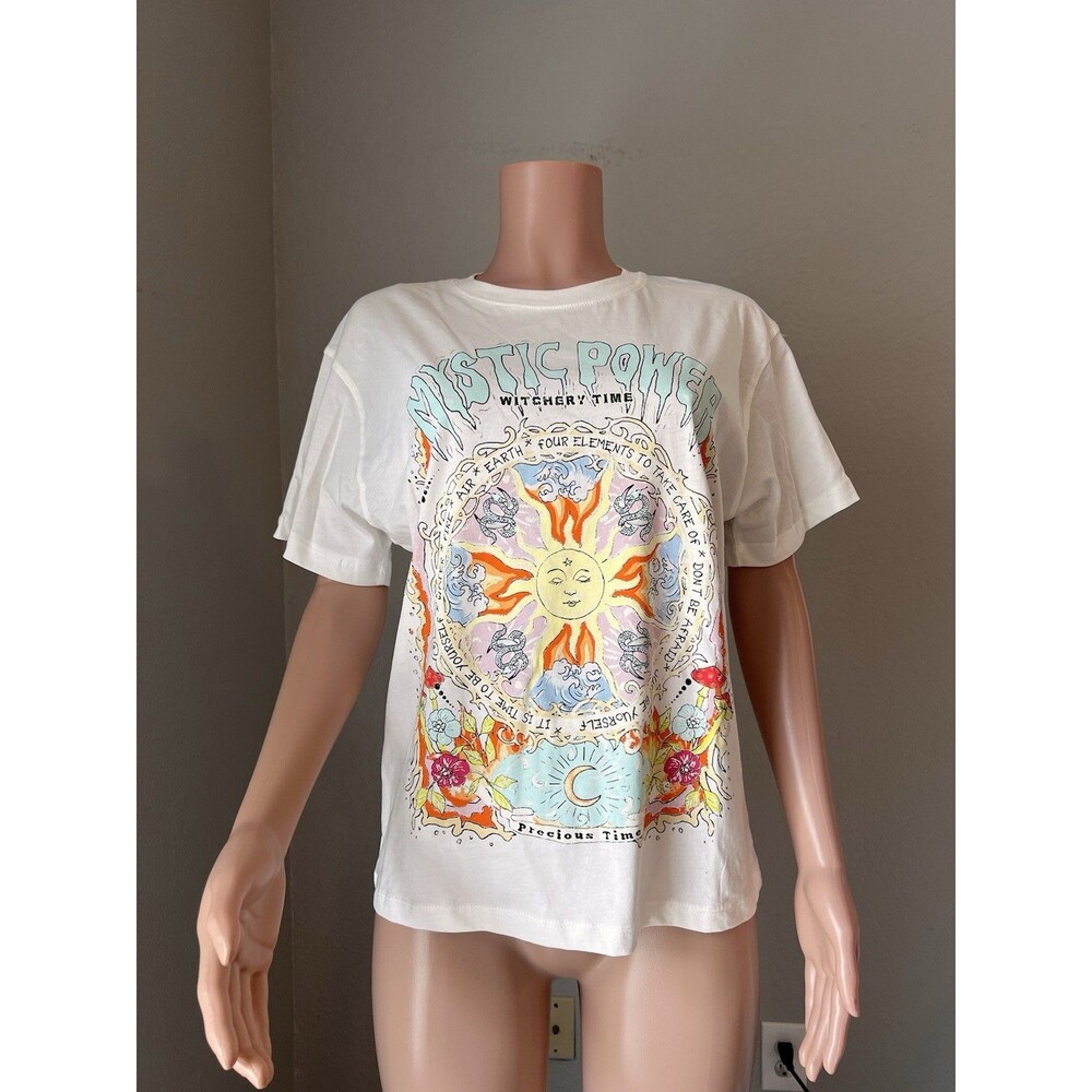 Bershka white multicolor Oversized shirt size Small "witchery time" mystic power